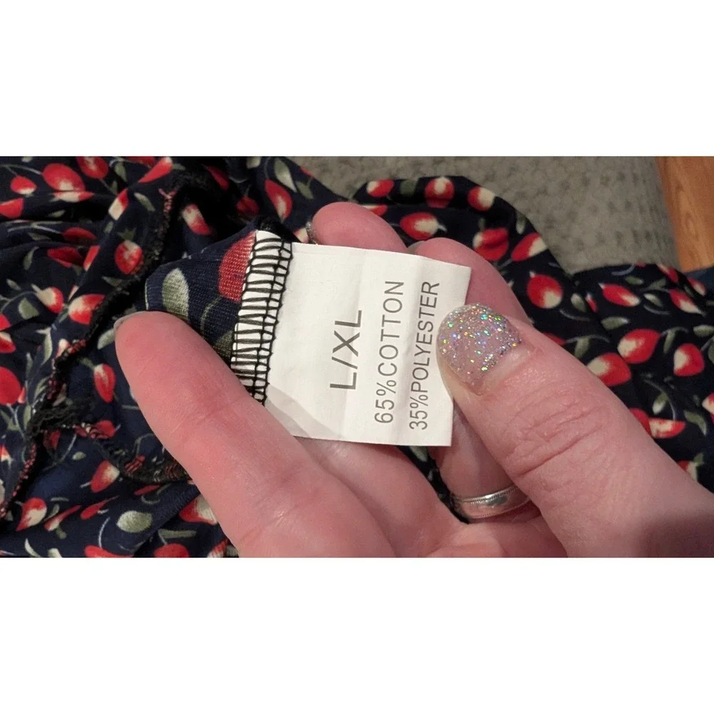 Floral Fruit Bud Print Navy‎ Maxi Skirt L/XL High Waisted Flowy Cotton Blend
